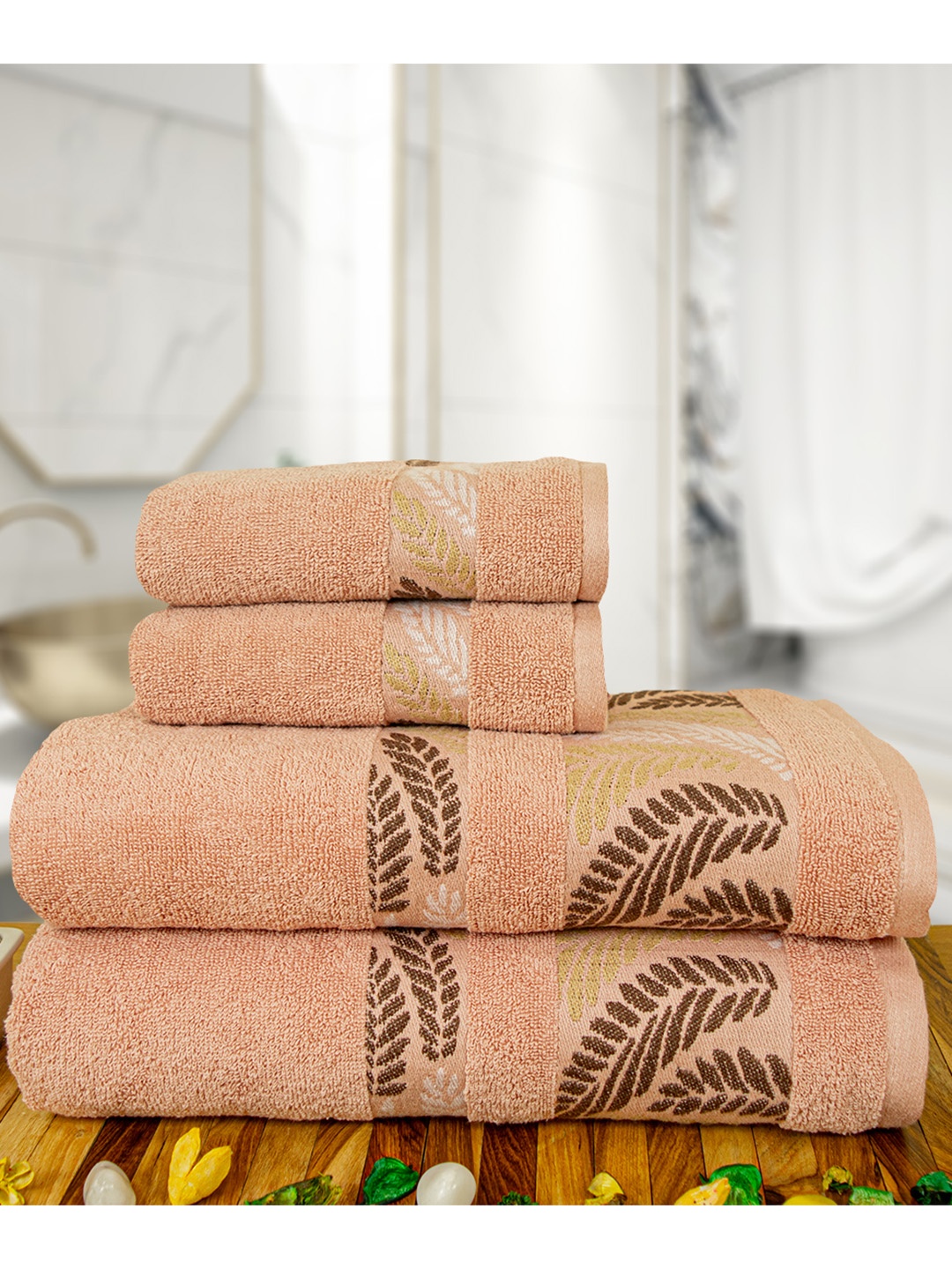 

RANGOLI Peach-Coloured & Brown 4 Piece Terry Pure Cotton 470 GSM Towel Set