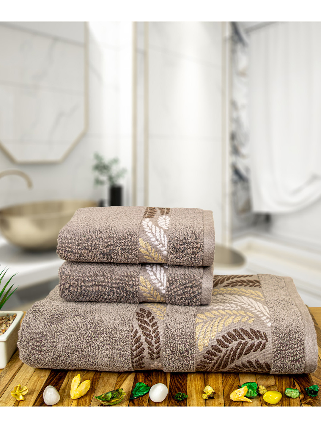 

RANGOLI Brown & Gold Toned 3 Piece Self Design Pure Cotton 450 GSM Towel Set