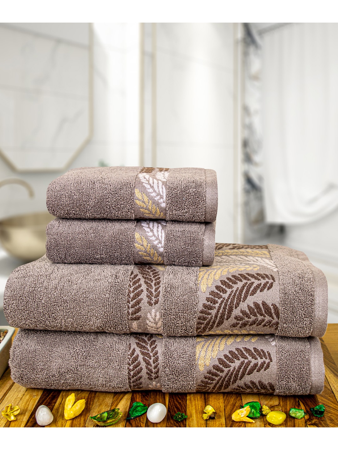

RANGOLI Brown & Gold toned 4 Pieces Self Design Pure Cotton 470 GSM Towel Set