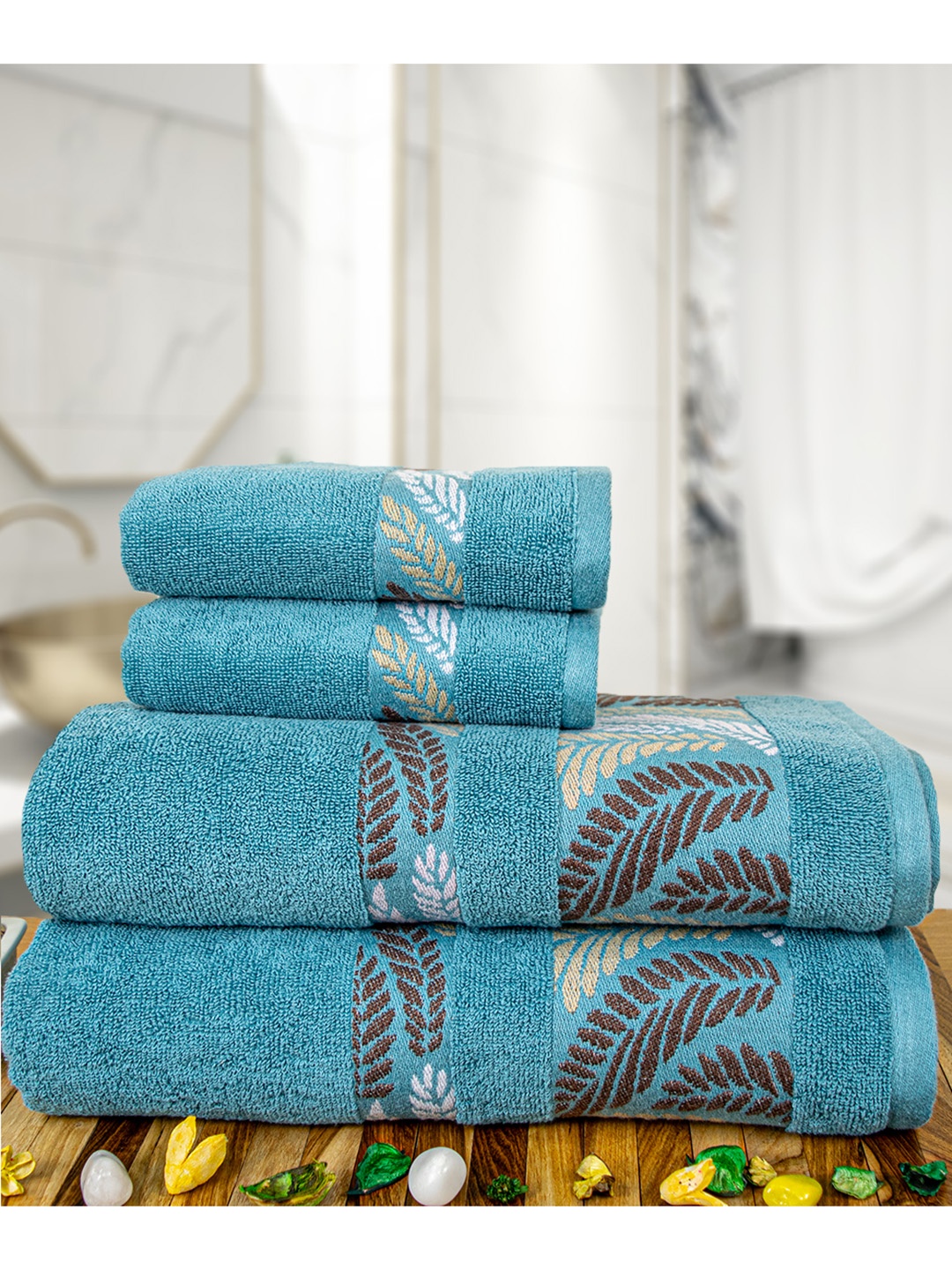 

RANGOLI Teal Blue & Brown 4 Piece Self Design Pure Cotton 470 GSM Towel Set