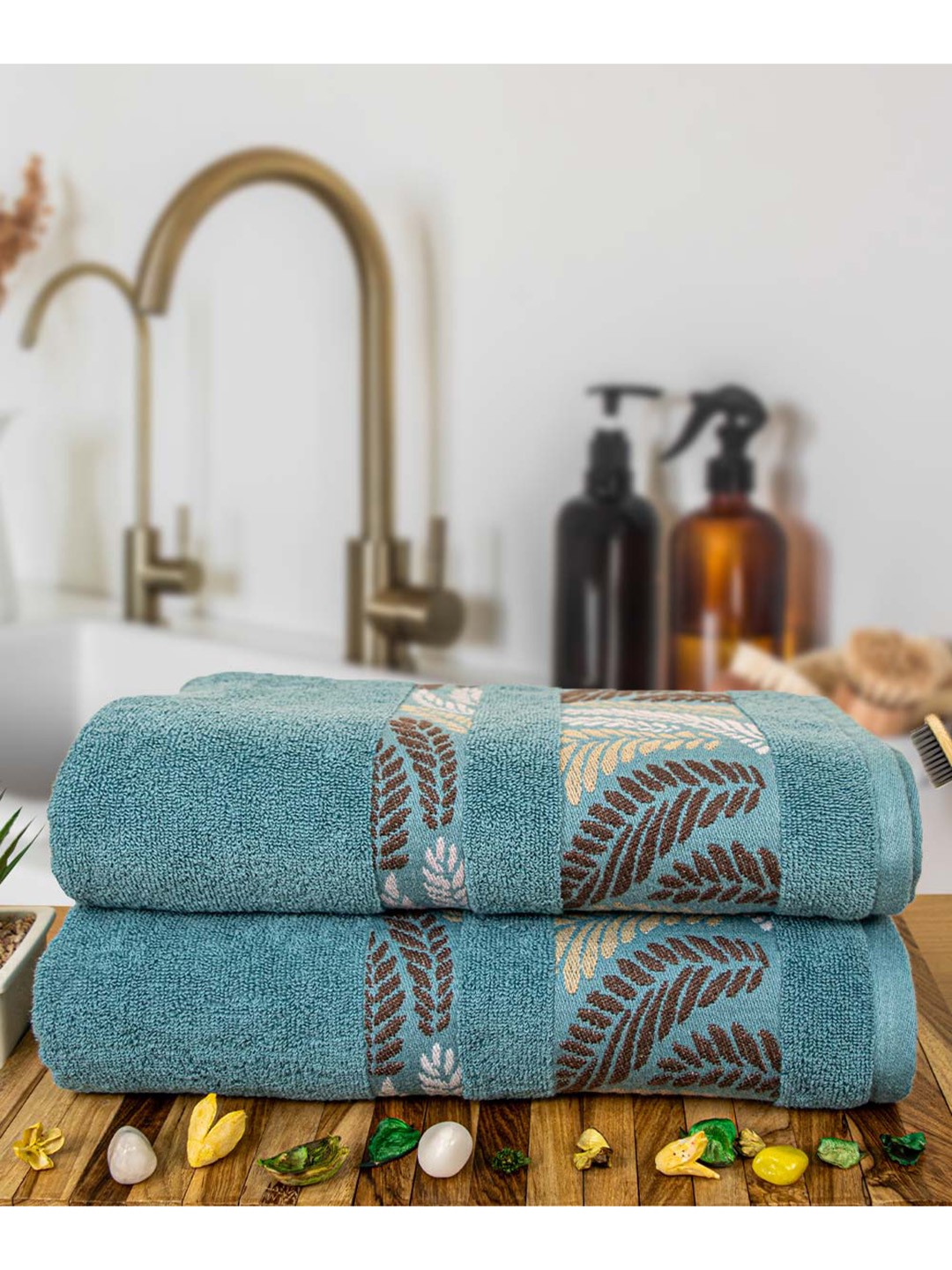 

RANGOLI Teal & Brown 2 Pieces Double-Ply Terry Cotton 470 GSM Bath Towel
