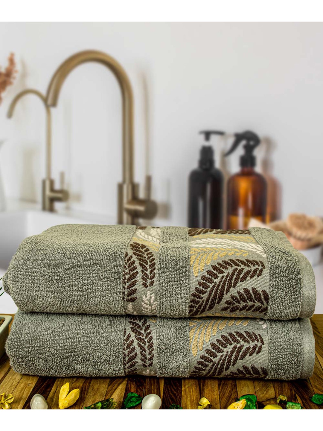 

RANGOLI Green & Brown 2 Pieces Pure Cotton 460 GSM Bath Towel
