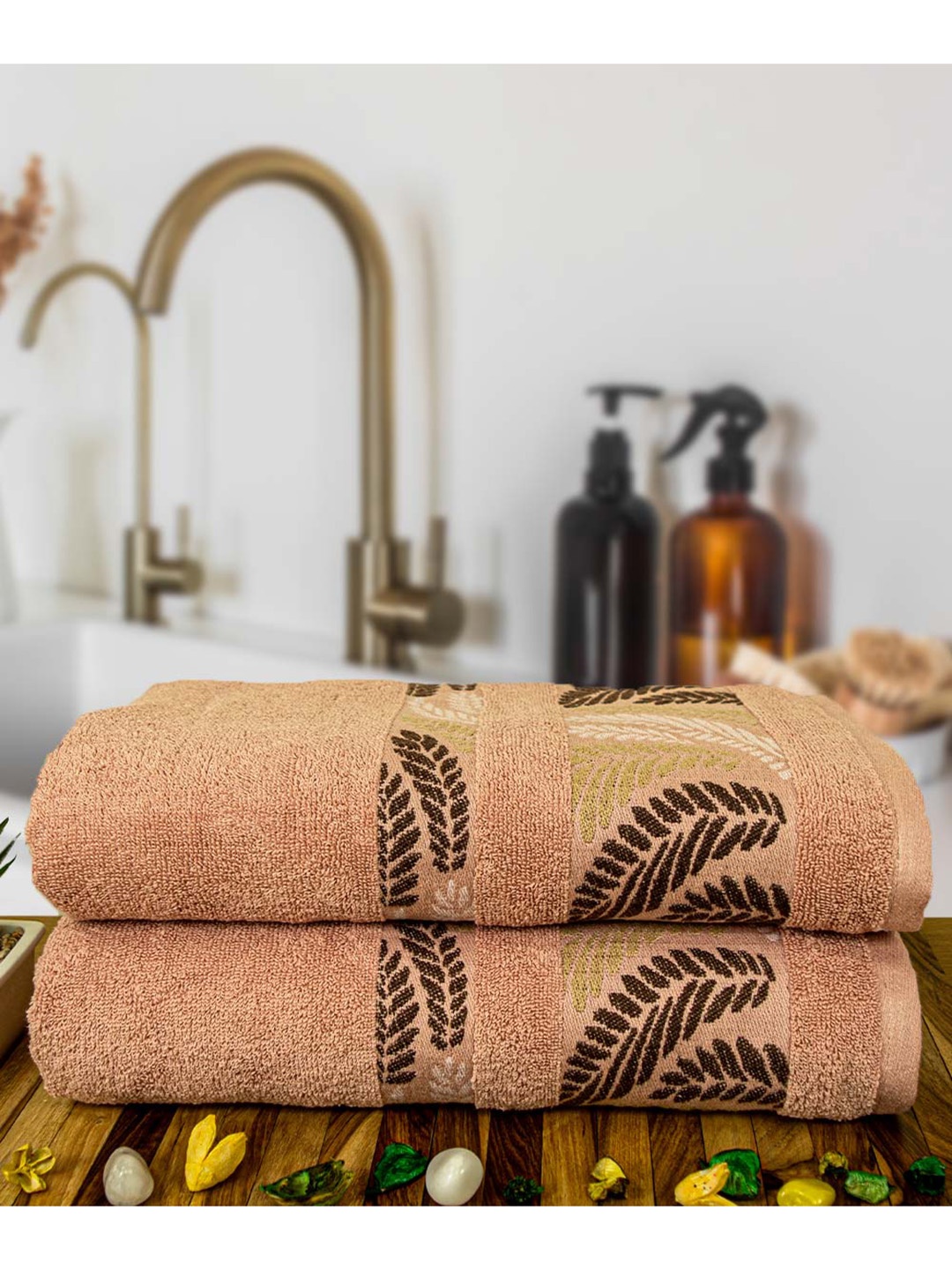 

RANGOLI Peach & Brown 2 Terry Cotton 460 GSM Bath Towel