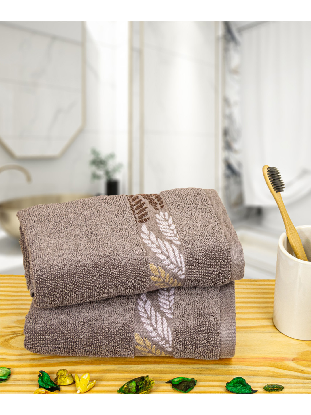 

RANGOLI Brown 2 Pieces Patterned Pure Cotton Durable Hand Towels