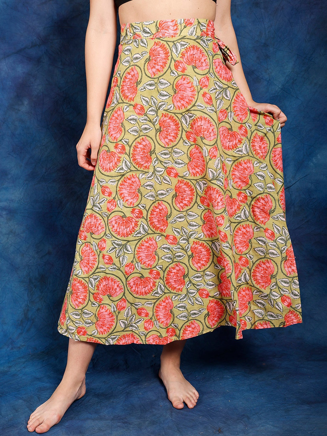 

Exotic India Printed Pure Cotton Wrap Midi Skirt, Green