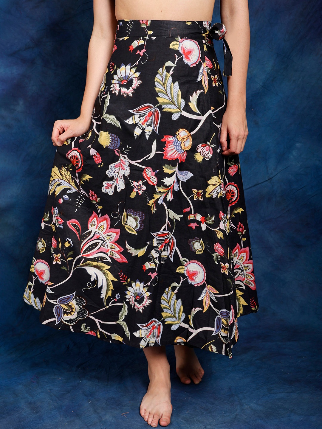 

Exotic India Printed Pure Cotton Wrap Midi Skirt, Black
