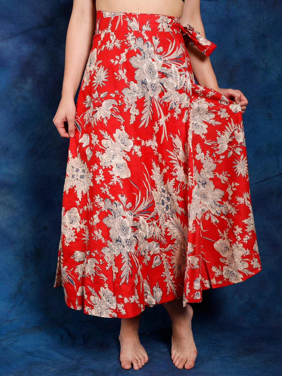 

Exotic India Printed Pure Cotton Wrap Around Skirt, Red