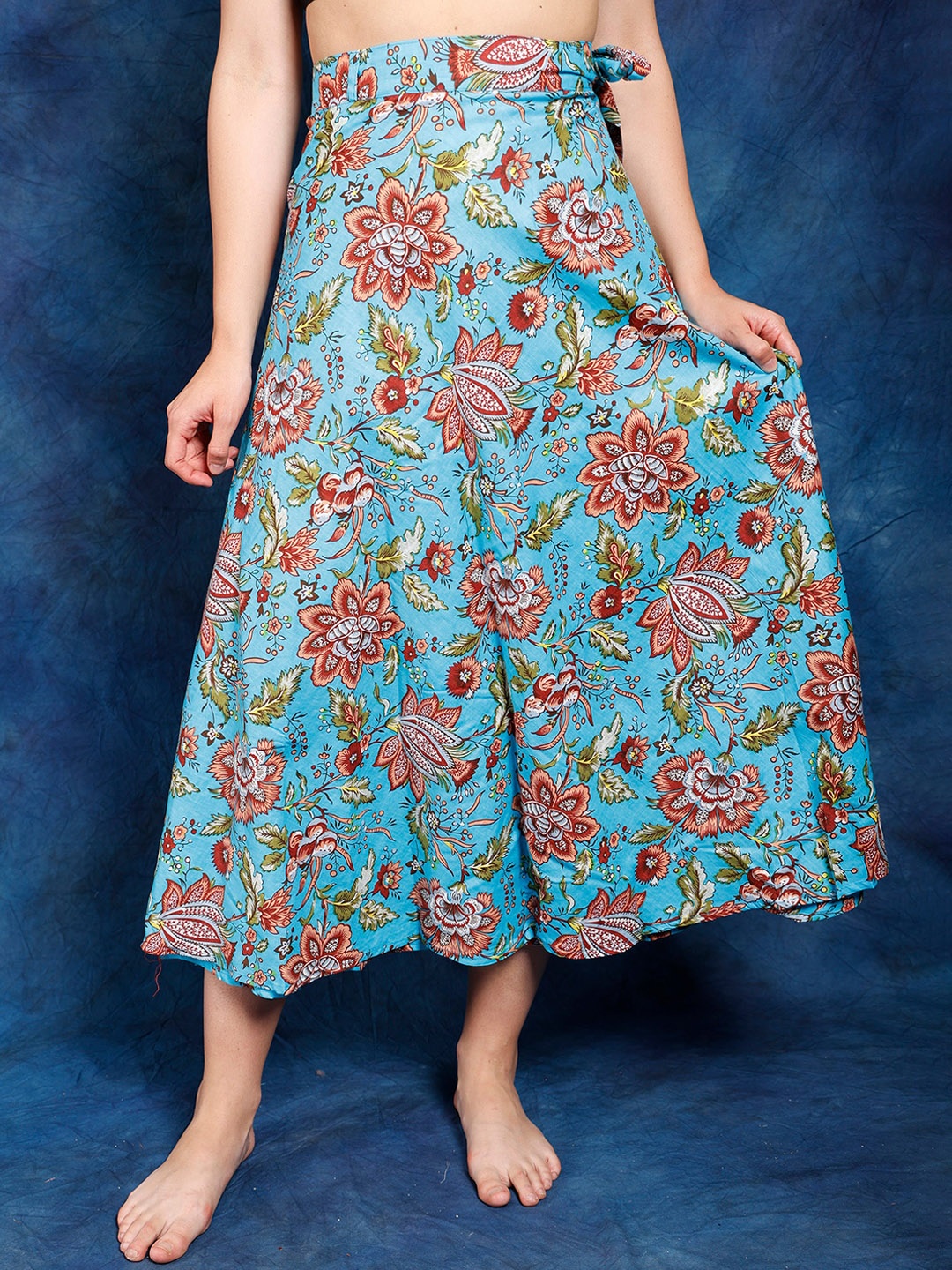 

Exotic India River Blue Wrap Around Pure Cotton Long Skirt with All-Over Print