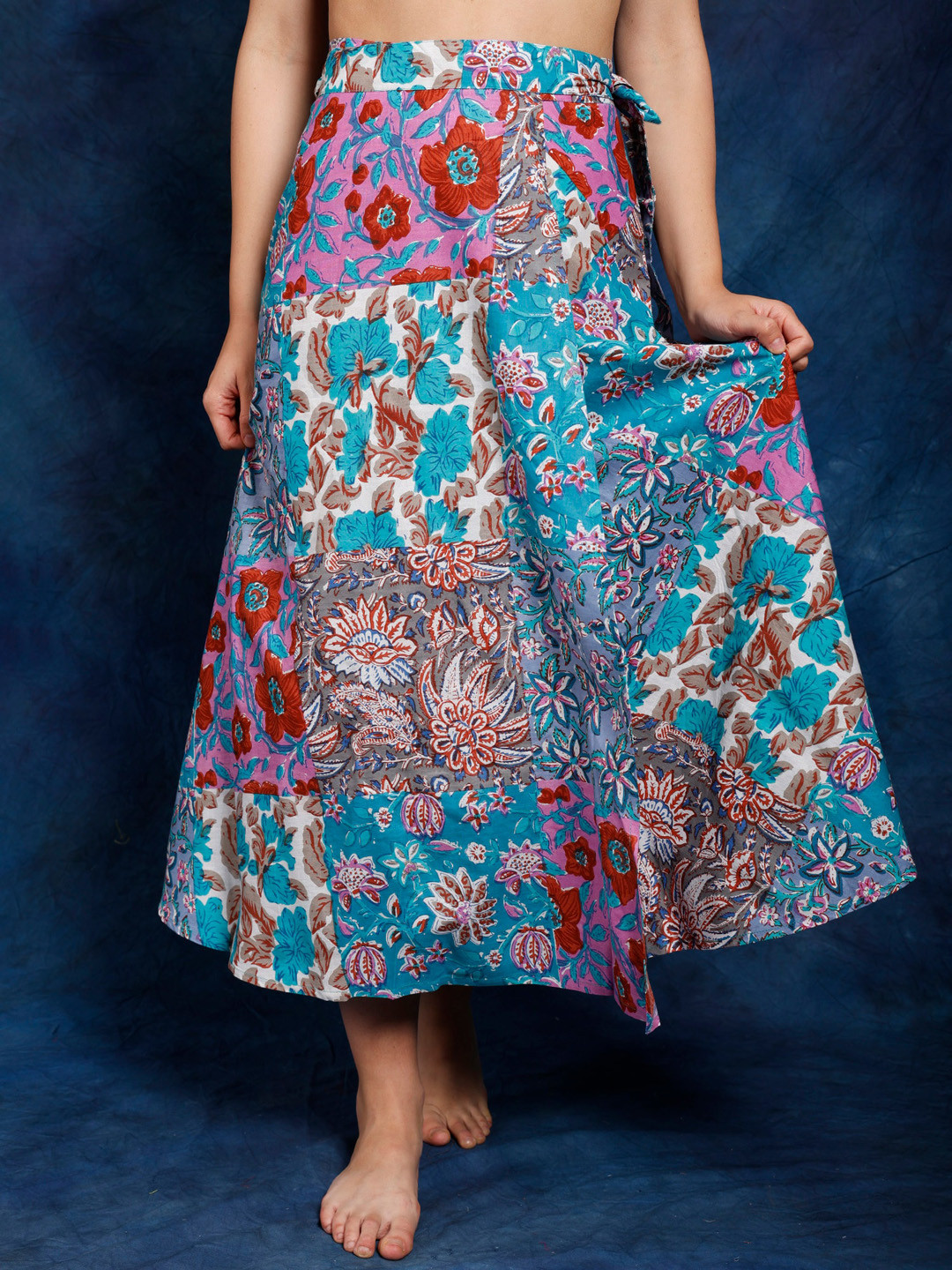 

Exotic India Printed Pure Cotton Wrap Midi Skirt, Blue
