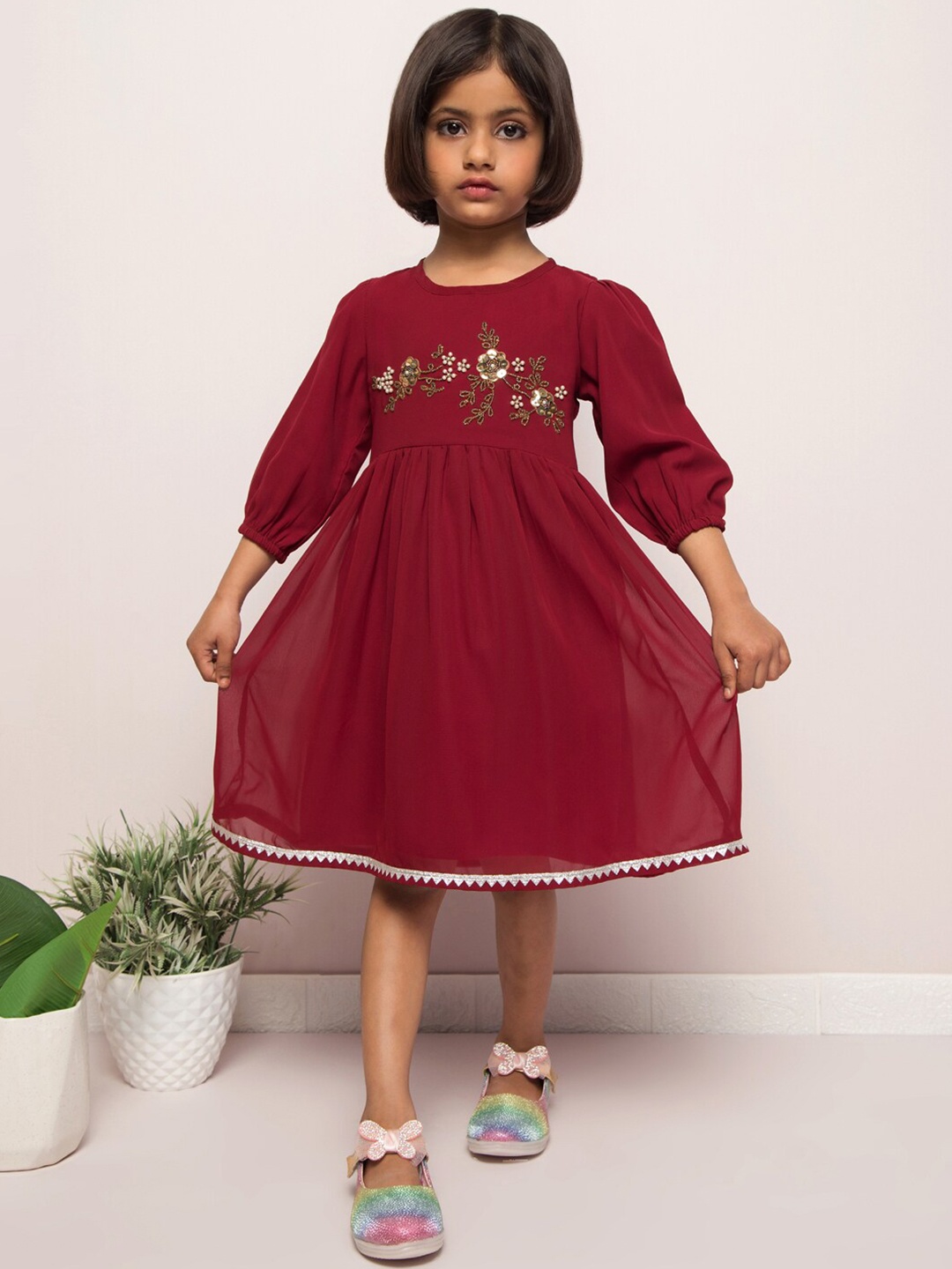 

MUSHKIYA Girls Floral Embellished Puff Sleeve Empire Midi Dress, Maroon