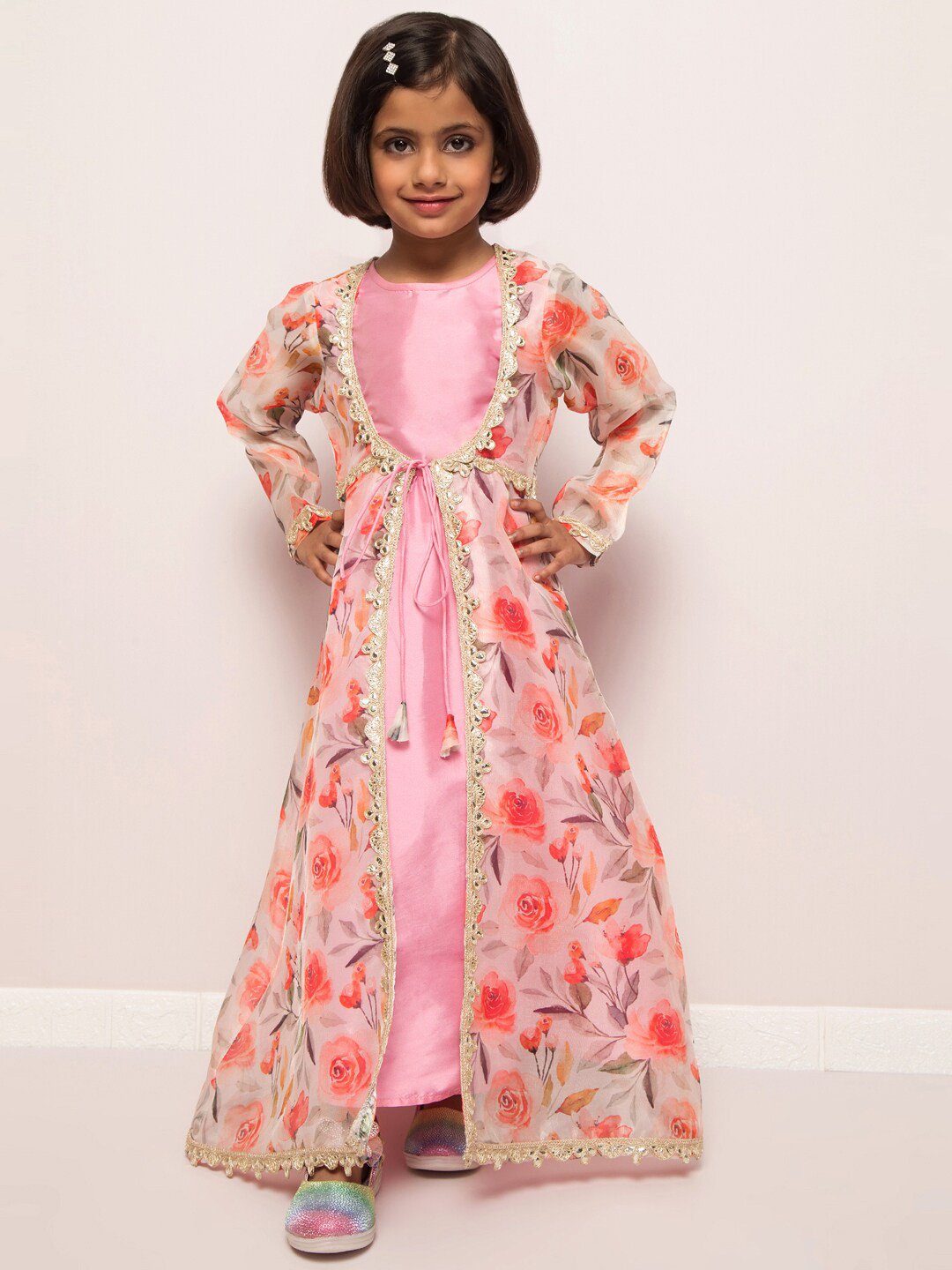 

MUSHKIYA Floral Printed Round Neck Maxi Dress With Shrug, Pink