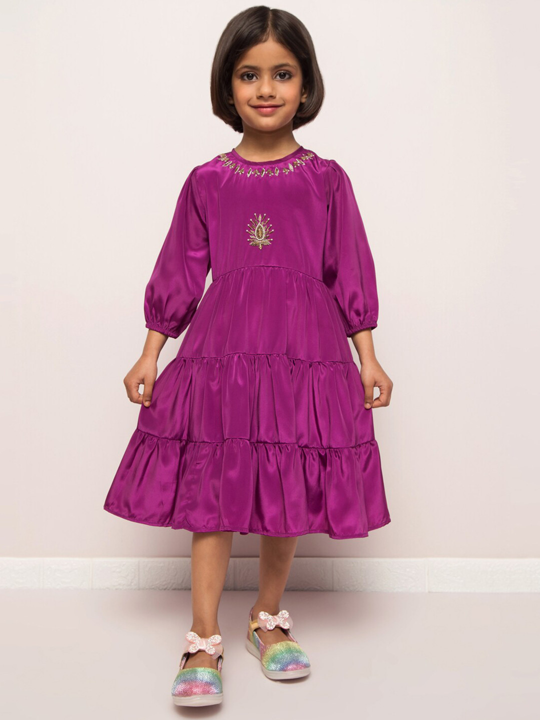 

MUSHKIYA Girls Floral Embellished Puff Sleeve Fit & Flare Midi Dress, Purple