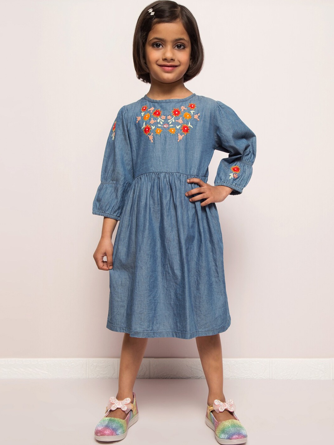 MUSHKIYA Girls Floral A-Line Dress, Blue