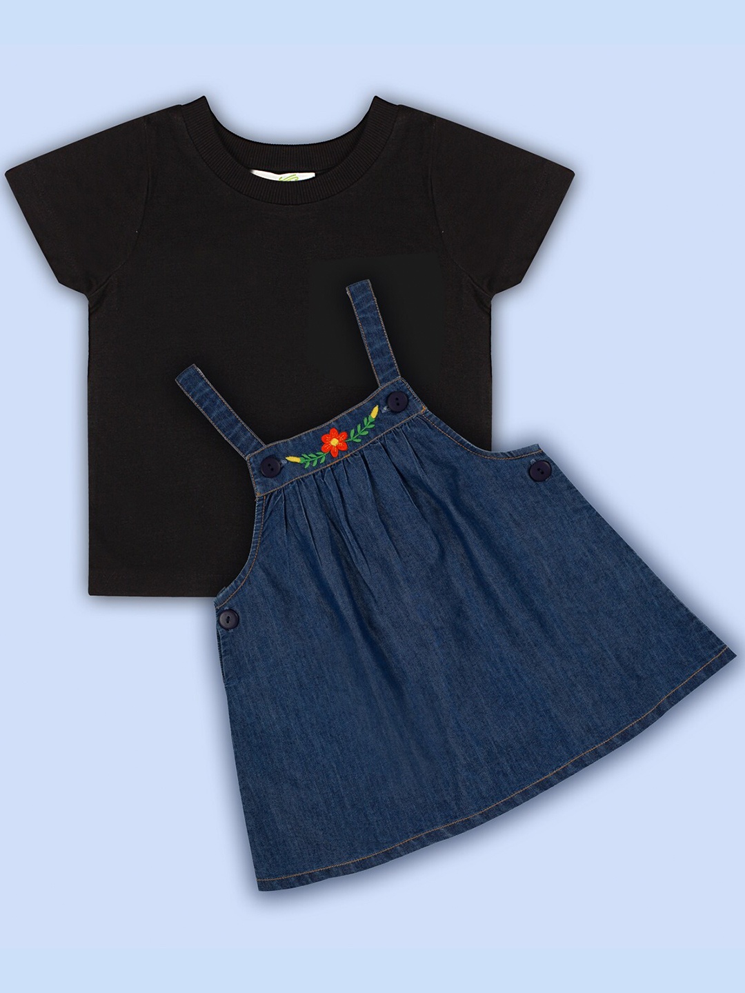 

BAESD Girls Cotton Round Neck T-shirt & Dungaree set, Navy blue