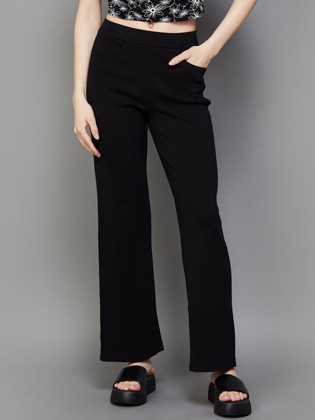 

Xpose Women Comfort High-Rise Ribbed Wide Leg Trousers, Black