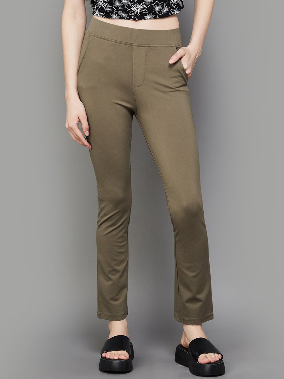 

Xpose Women Comfort High-Rise Slim Fit Regular Trousers, Olive