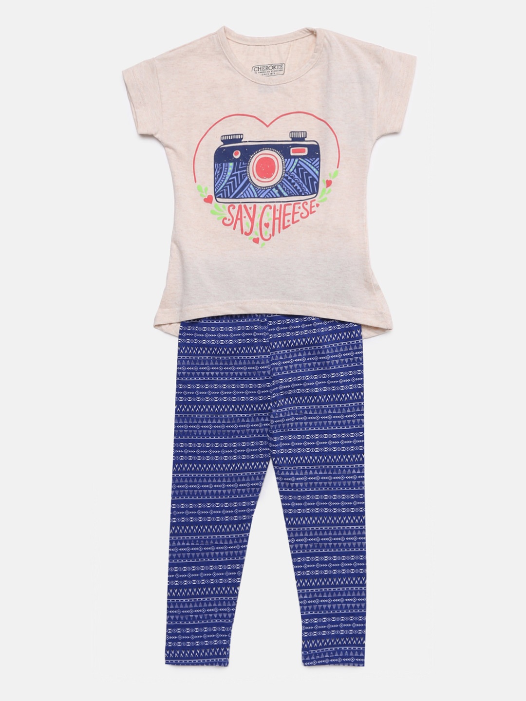 

Cherokee Girls Off-White & Blue Printed T-shirt with Leggings