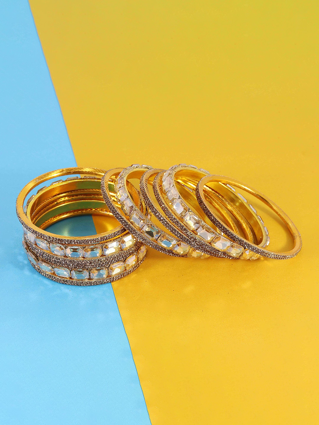 

NMII Set Of 12 American Diamond Stone Studded Bangles, Gold