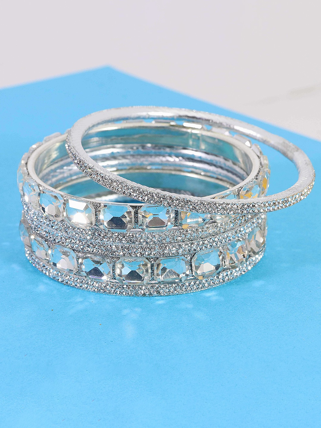 

NMII Set Of 12 American Diamond Stones Studded Bangles, Silver