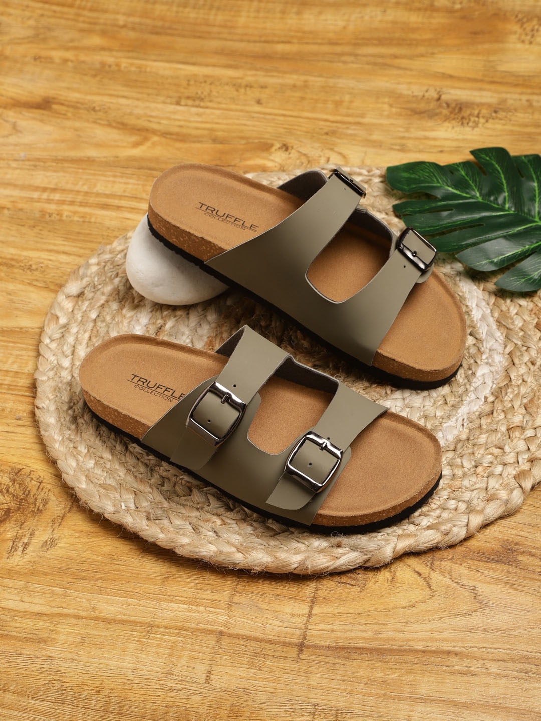 Truffle Collection Buckle Detail Open Toe Flats, Olive