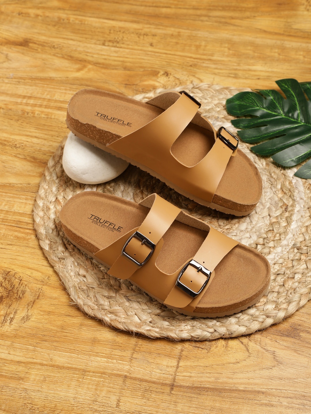 Truffle Collection Buckle Detail Open Toe Flats, Camel brown
