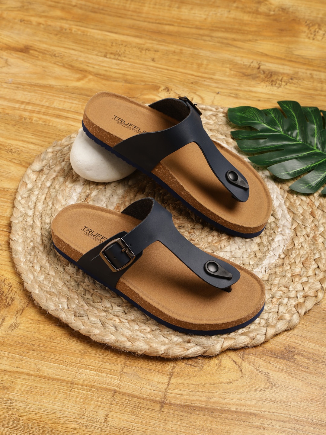 

Truffle Collection Buckle Detail Open Toe Flats, Navy blue