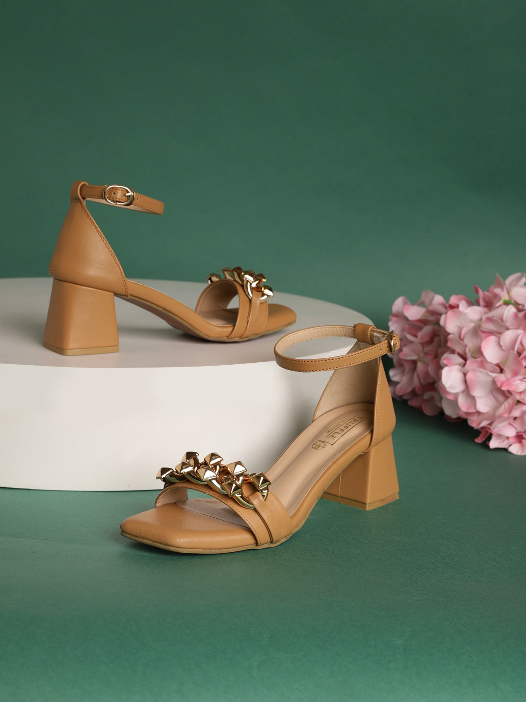 

Truffle Collection Embellished Open Toe Ankleloop Block Heels, Beige