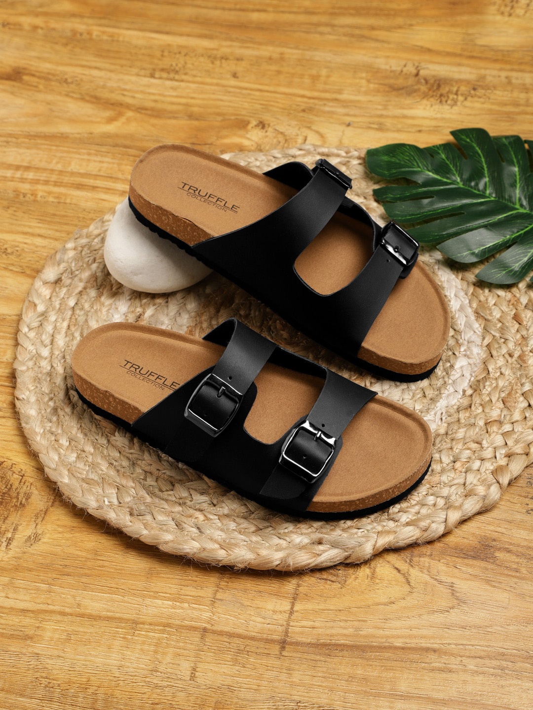 

Truffle Collection Buckle Detail Open Toe Flats, Black