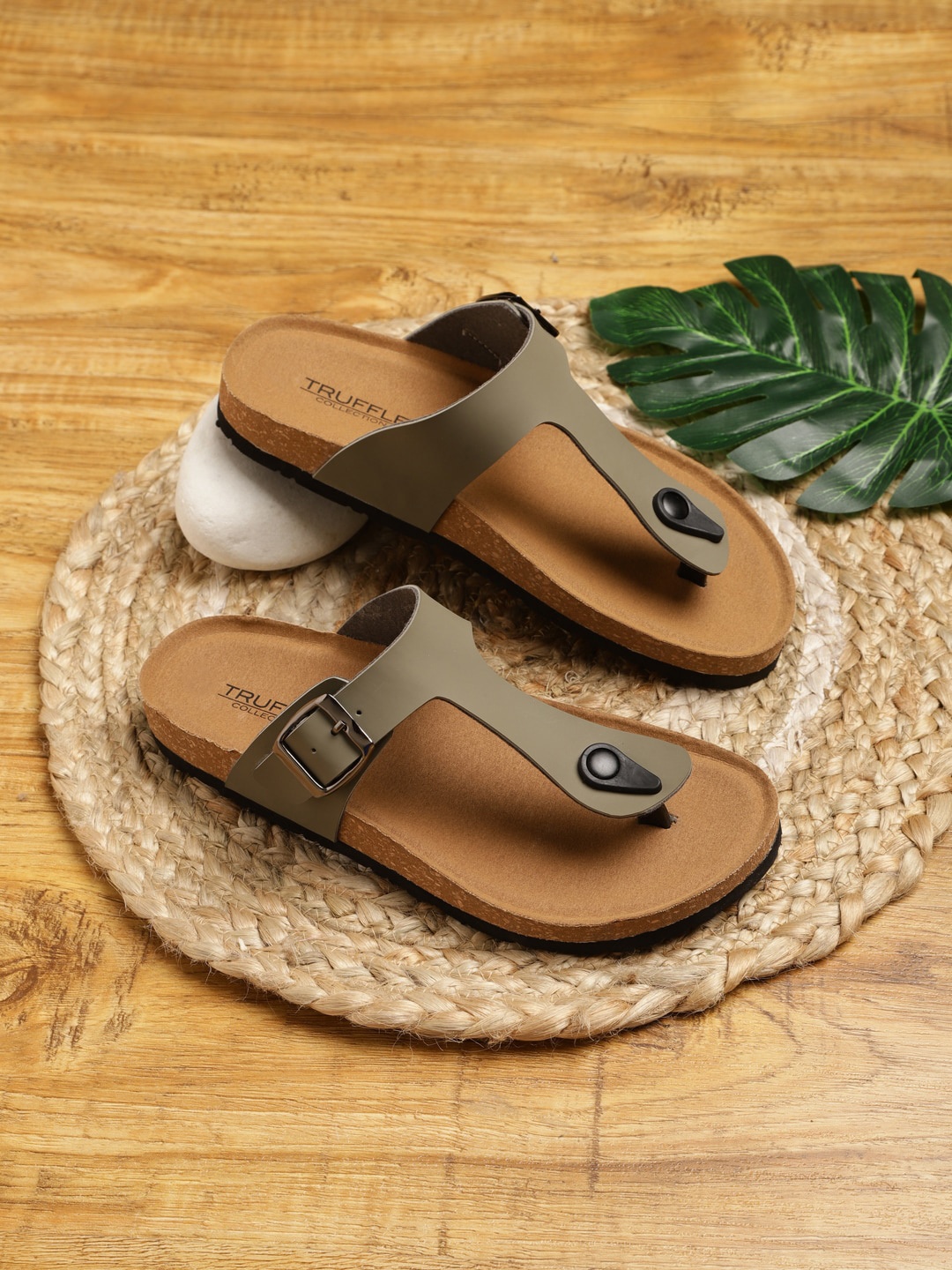 

Truffle Collection Buckle Detail Open Toe Flats, Olive