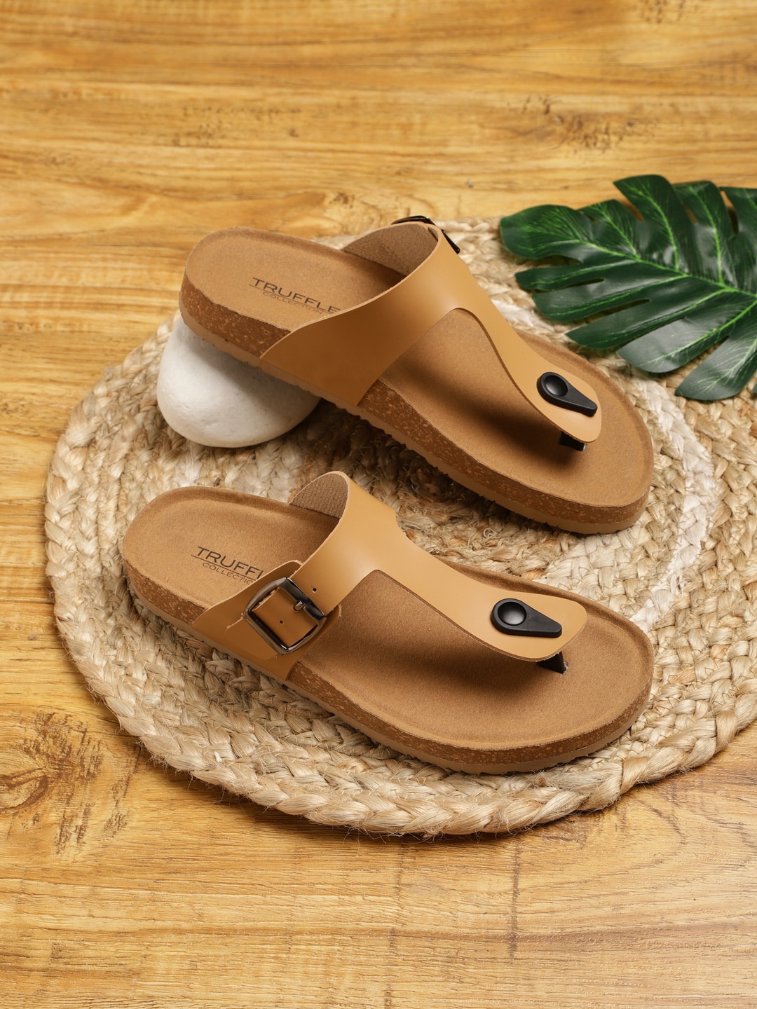 

Truffle Collection Buckle Detail Open Toe Flats, Camel brown