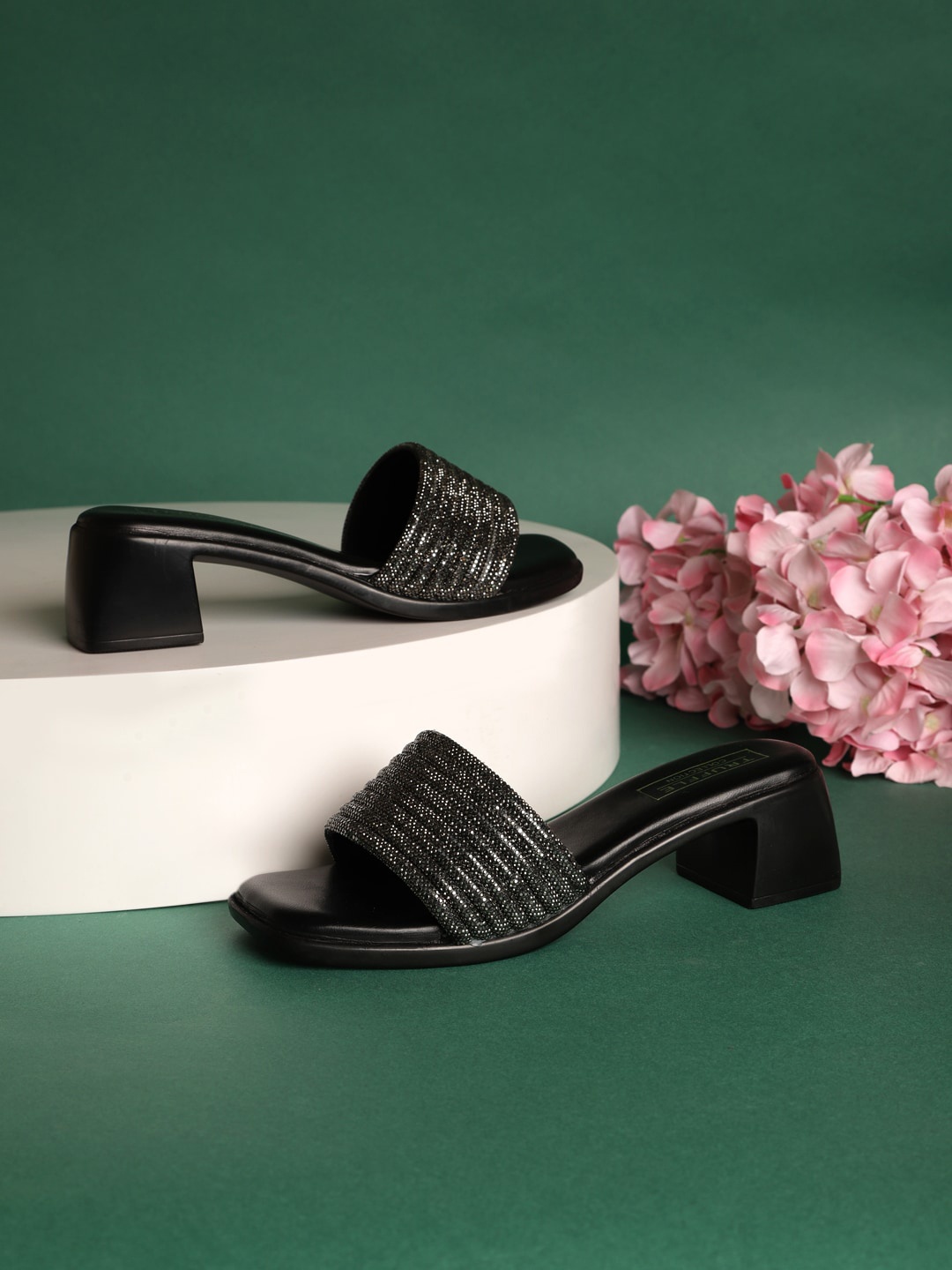 

Truffle Collection Embellished Open Toe Block Heels, Black