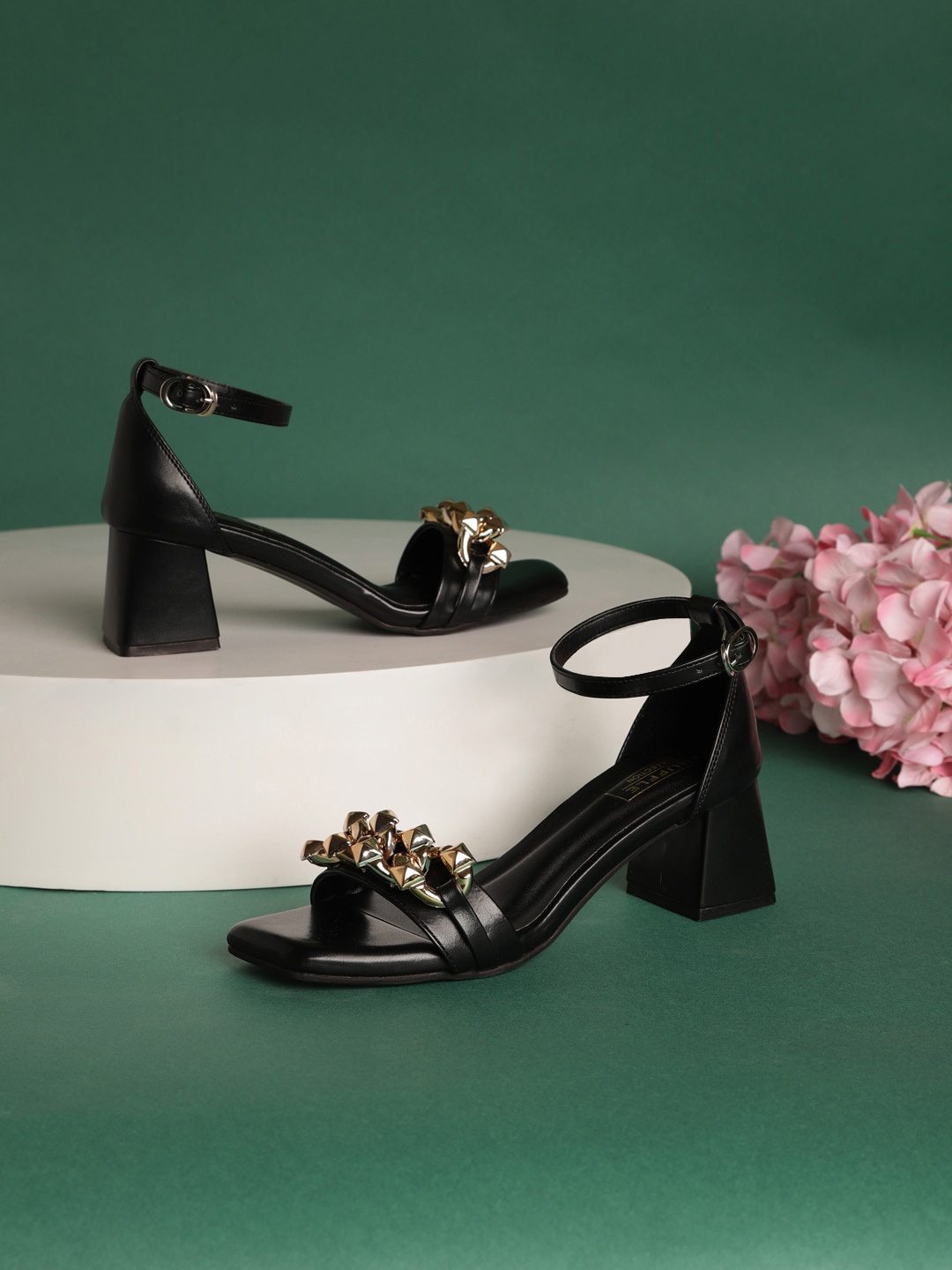 

Truffle Collection Embellished Open Toe Ankleloop Block Heels, Black