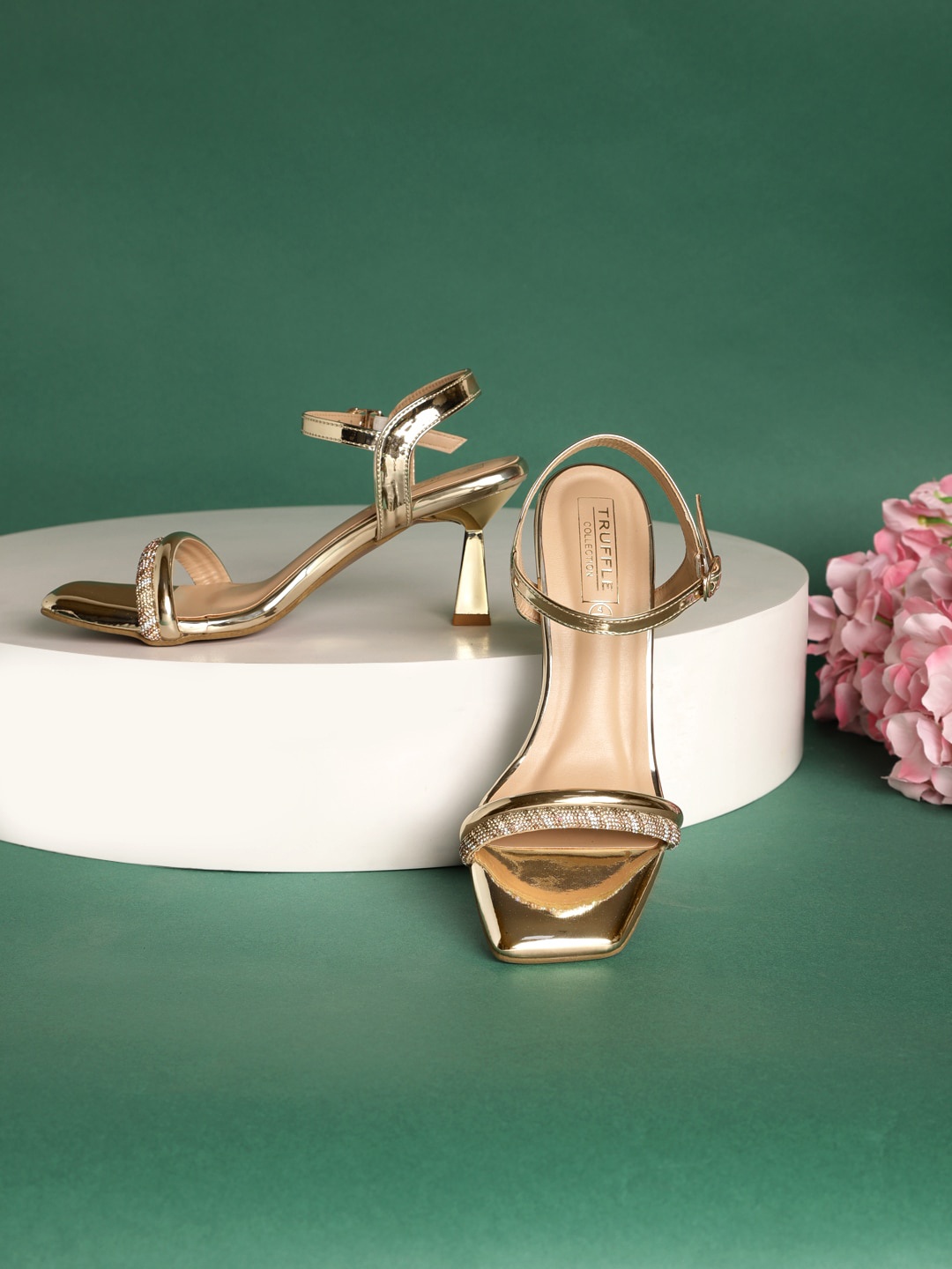 

Truffle Collection Embellished Open Toe Backstrap Block Heels, Gold