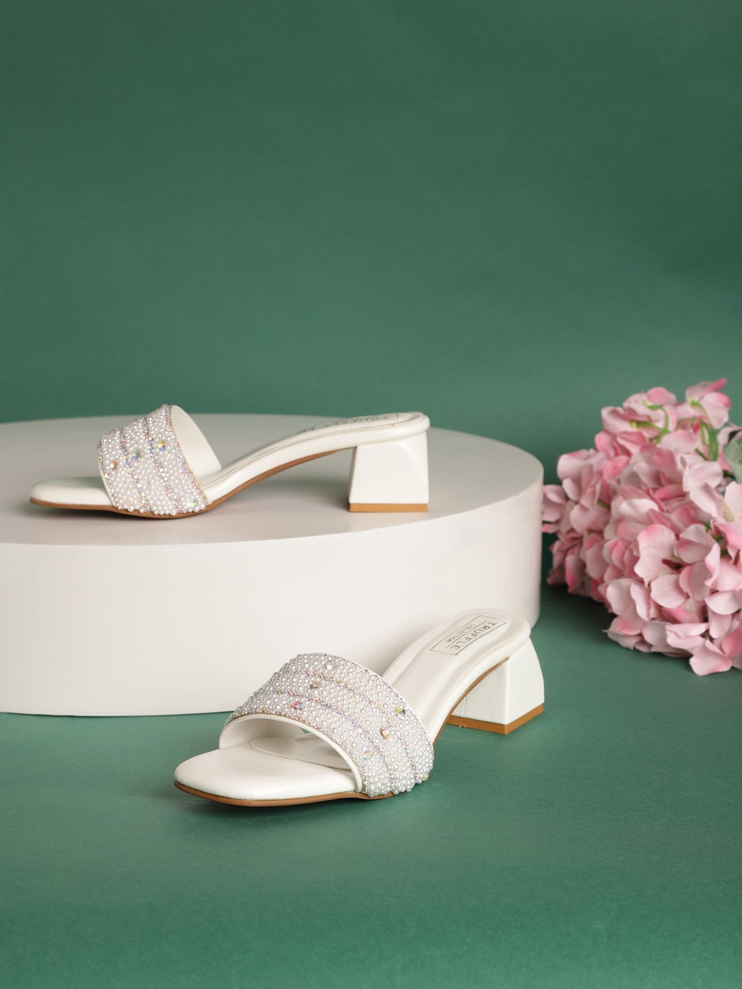 

Truffle Collection Embellished Open Toe Block Heels, White