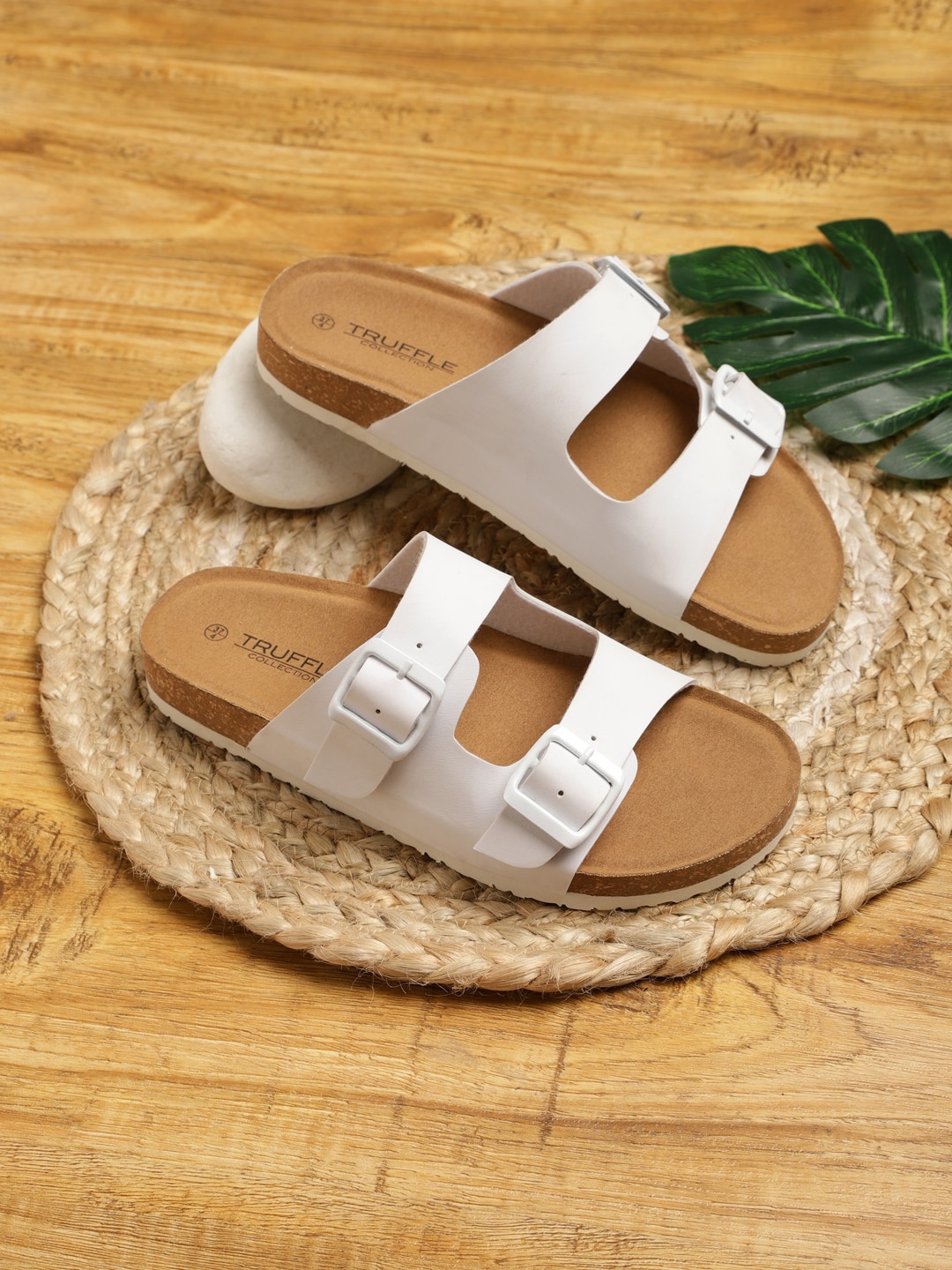 

Truffle Collection Buckle Detail Open Toe Flats, White