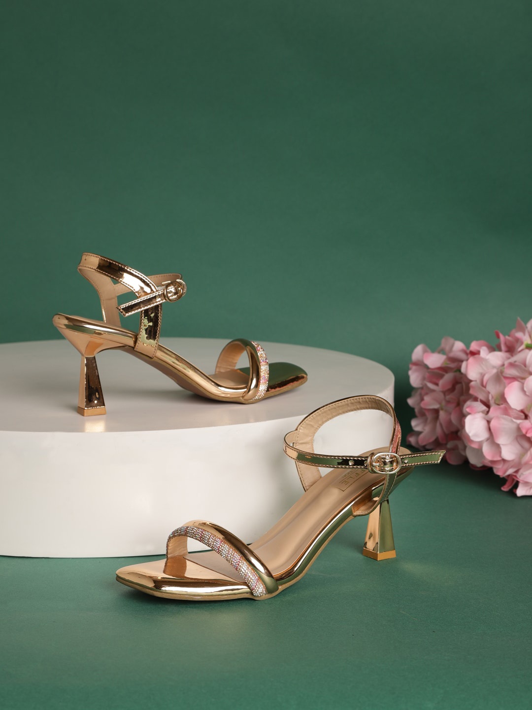 Truffle Collection Embellished Open Toe Backstrap Block Heels, Rose gold