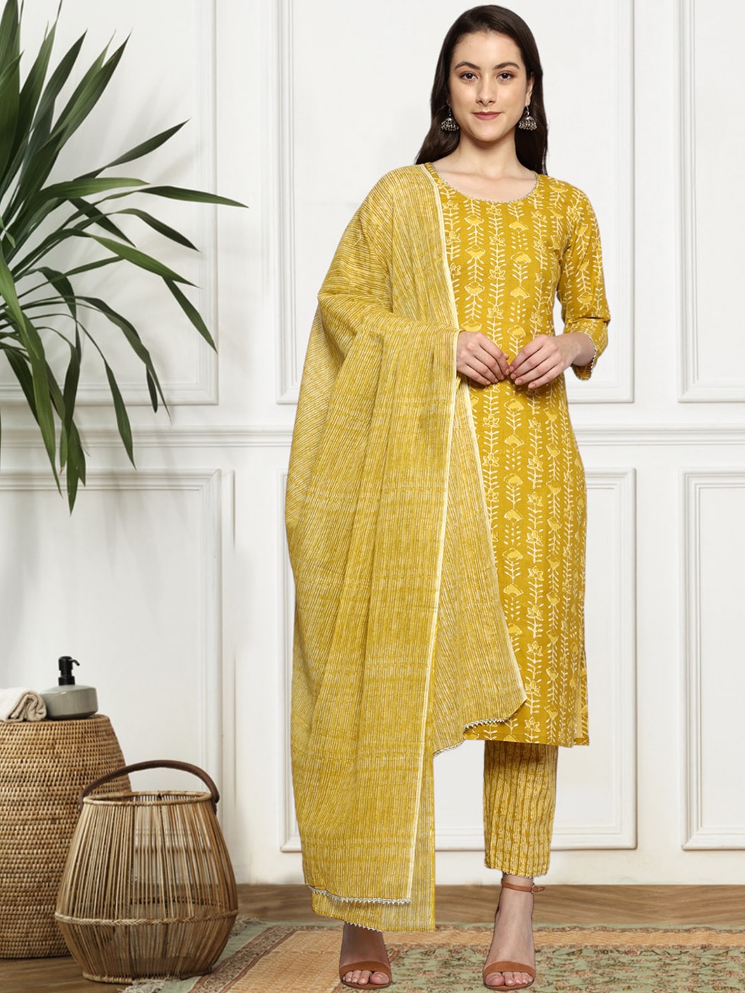 

KALINI Floral Printed Regular Pure Cotton Kurta with Trousers & Dupatta, Yellow