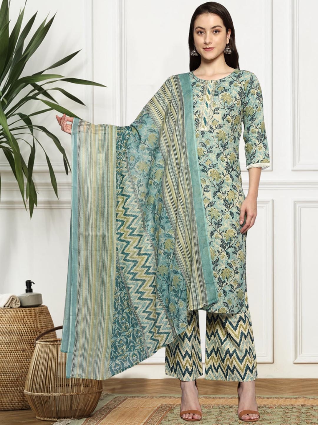 

KALINI Women Floral Printed Regular Pure Cotton Kurta with Palazzos & With Dupatta, Green