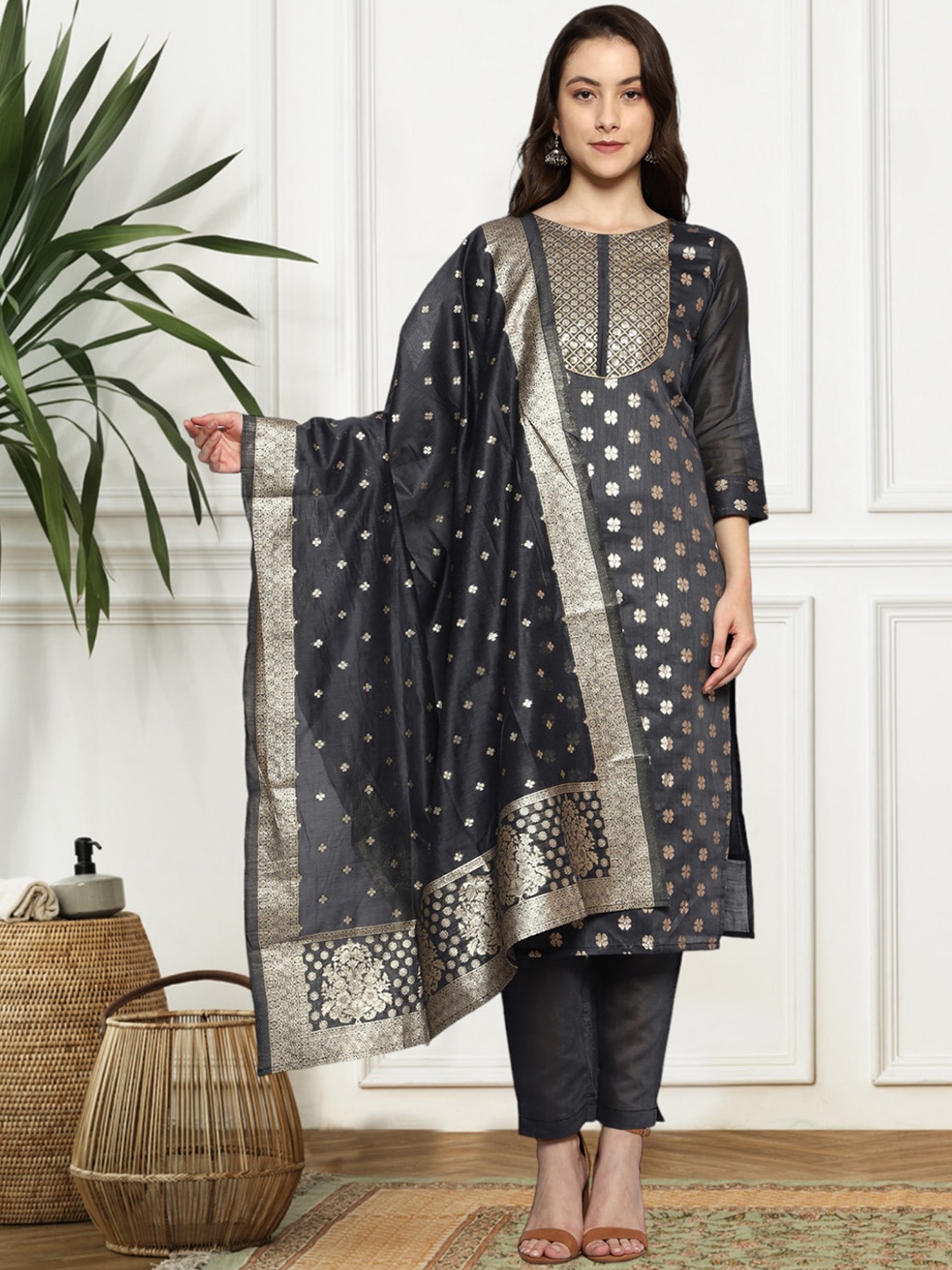 

KALINI Regular Sequinned Chanderi Silk Kurta with Trousers & Dupatta, Grey