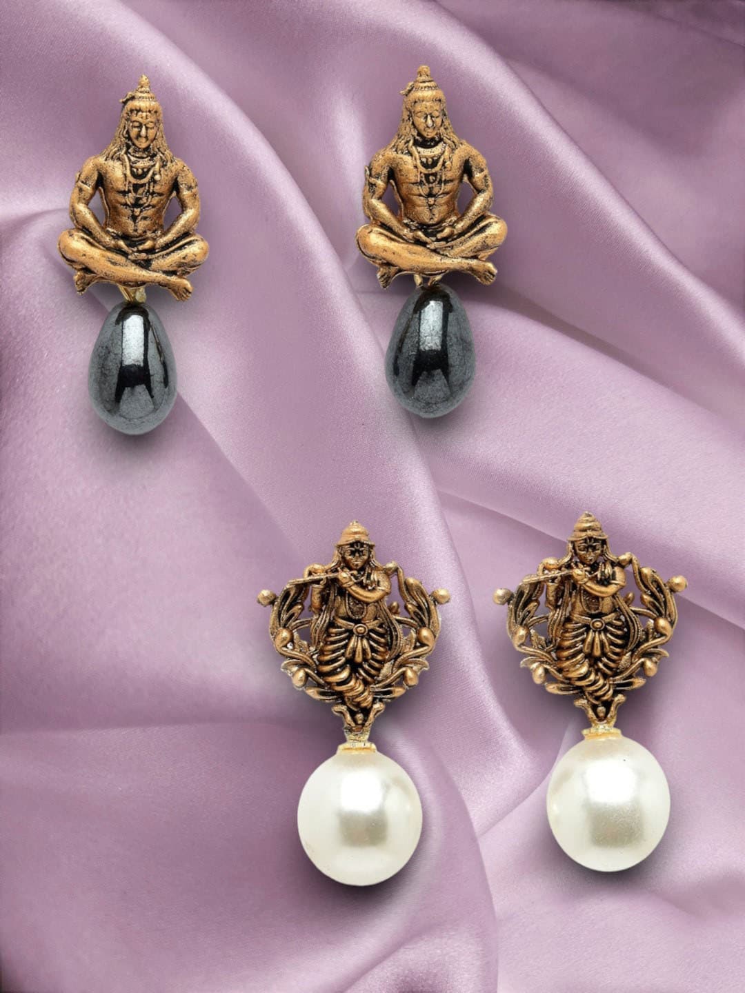

ADIVA Set Of 2 Gold-Plated Stone-Studded Lord Shiva & Lord Krishna Classic Drop Earrings