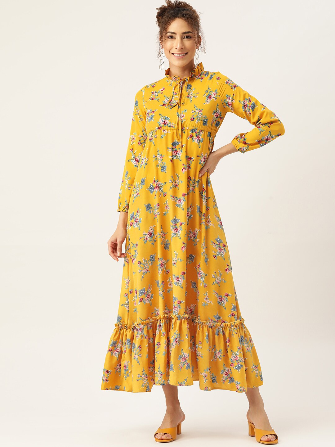 WISSTLER Floral Print Tie-Up Neck Puff Sleeve Crepe Maxi Dress, Mustard