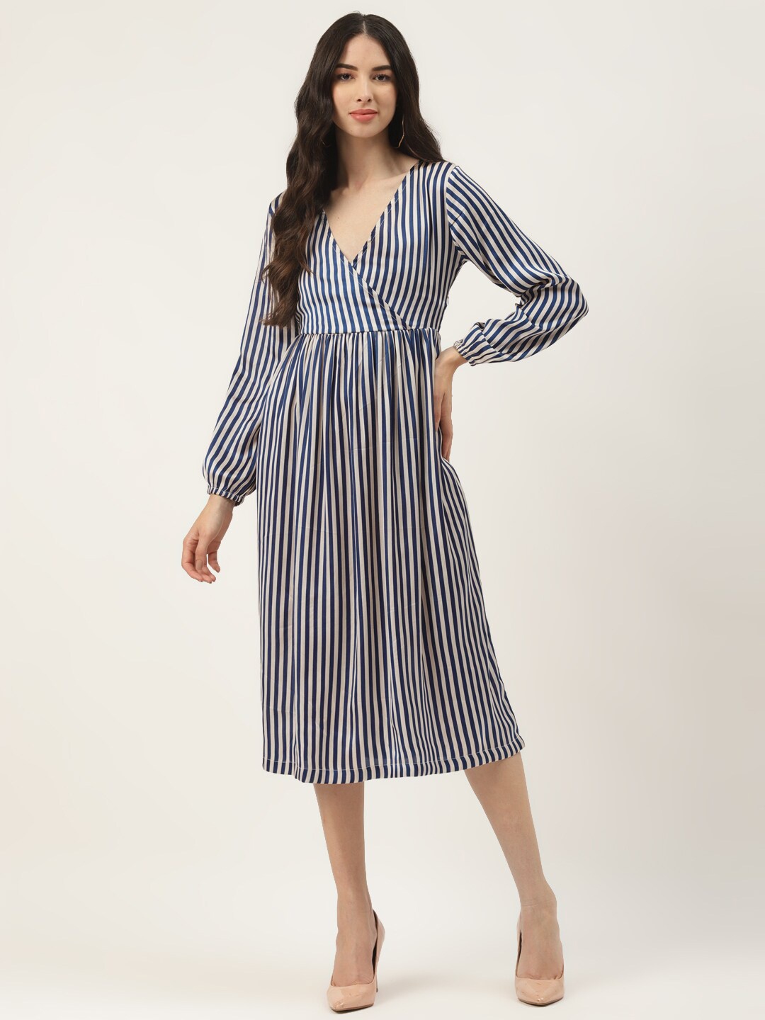 

WISSTLER Striped Puff Sleeve Applique Satin Fit & Flare Midi Dress, Blue