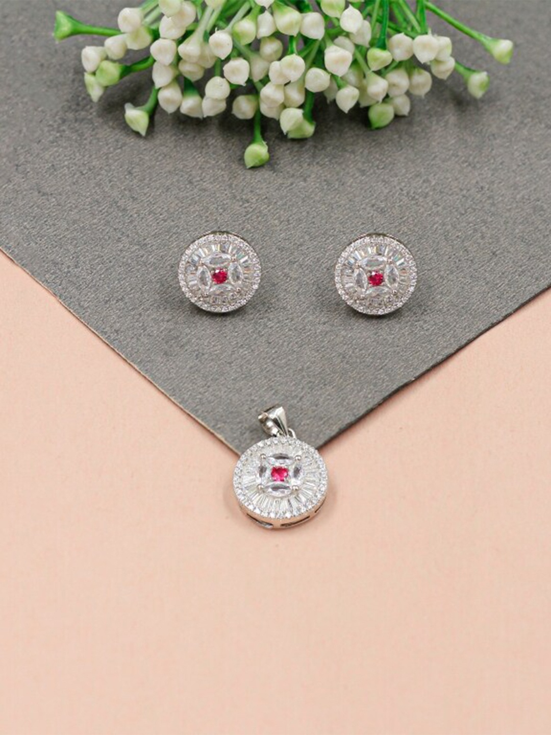 SANGEETA BOOCHRA Silver Cubic Zirconia Pendant and Earrings