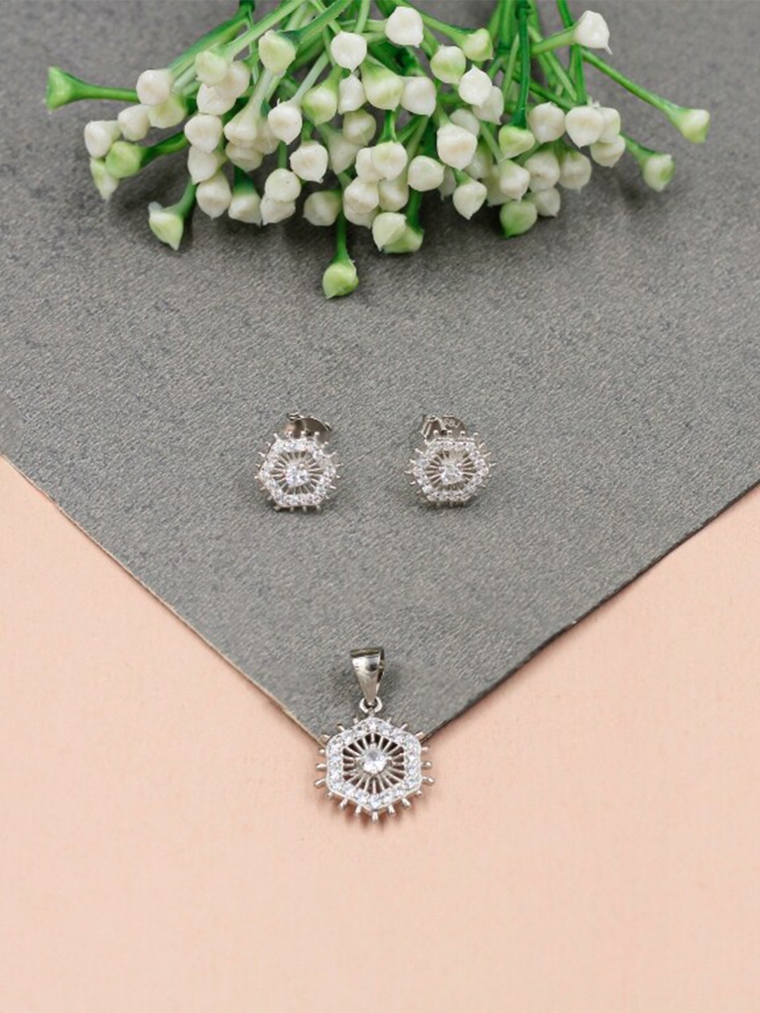 

SANGEETA BOOCHRA CZ-Studded Pendant and Earrings, Silver