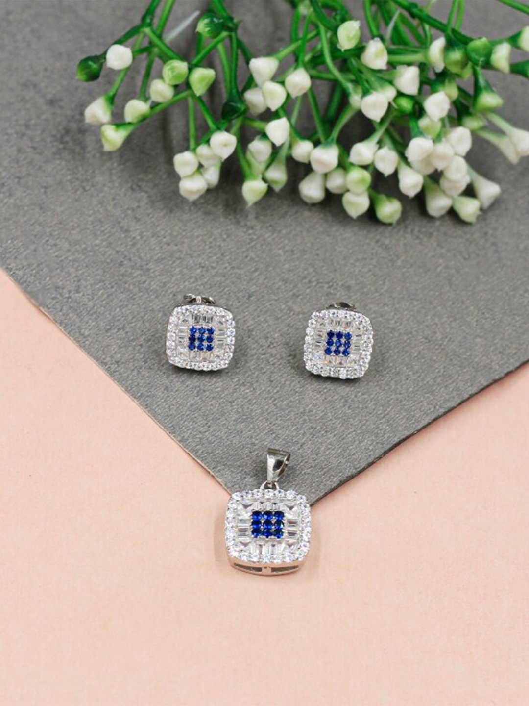 SANGEETA BOOCHRA CZ-Studded Pendant and Earrings, Silver
