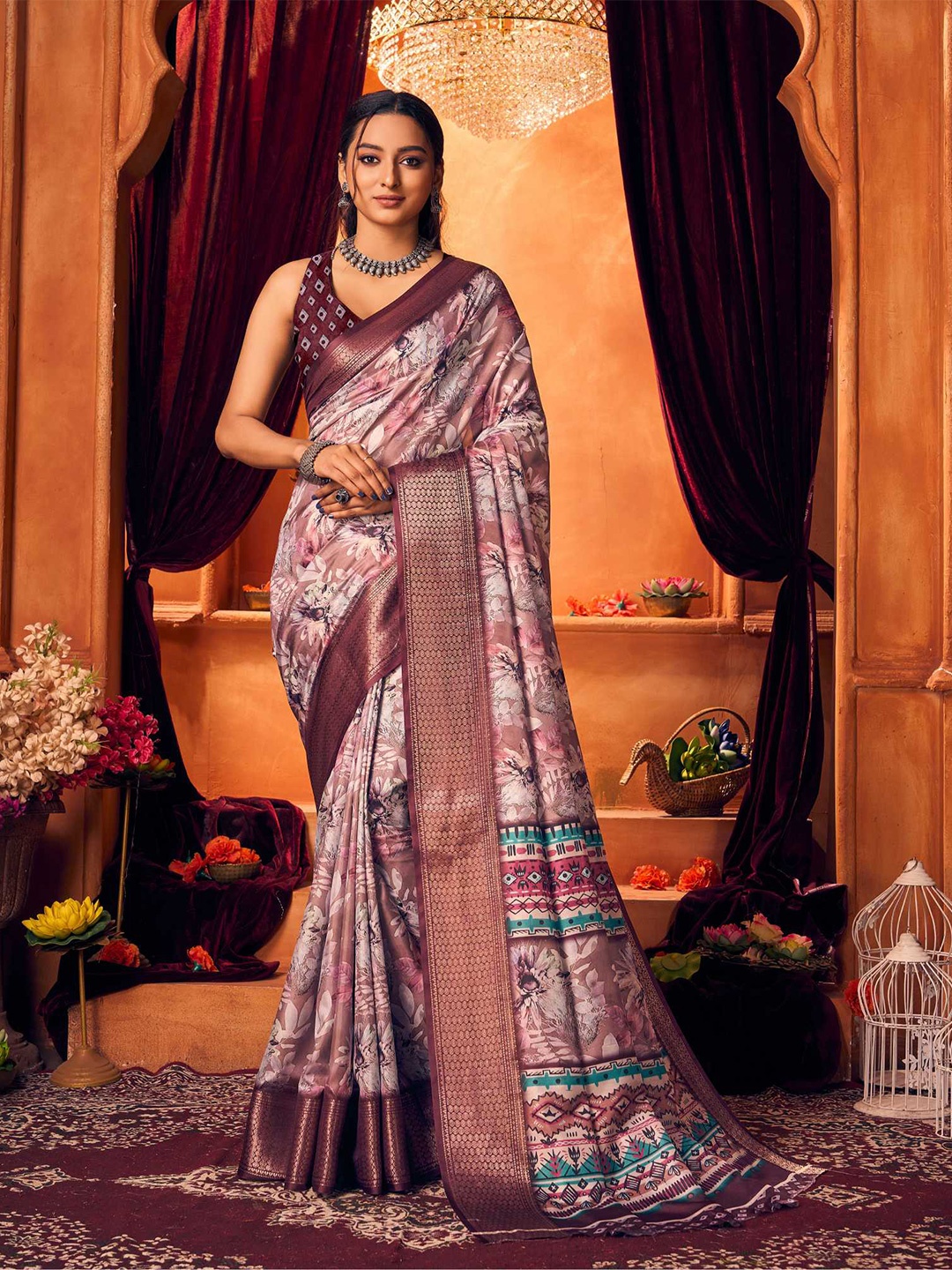 

KALINI Floral Printed Zari Silk Cotton Mysore Silk Saree, Mauve