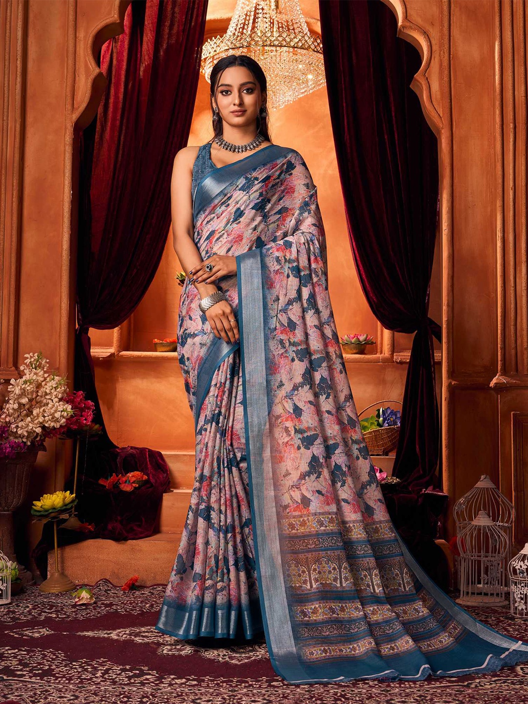 

KALINI Floral Printed Zari Mysore Silk Saree, Blue