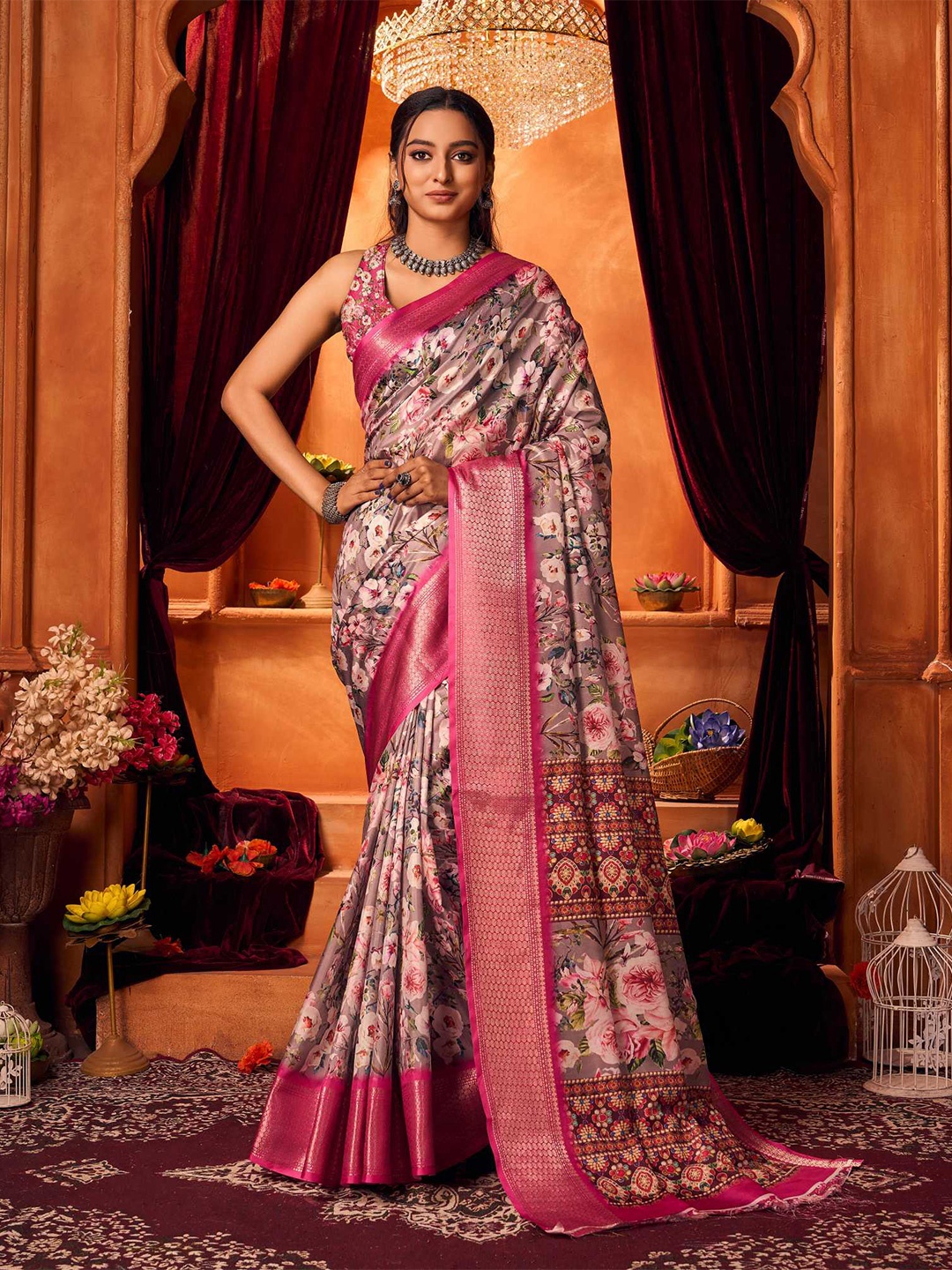 

KALINI Floral Woven Design Zari Silk Cotton Saree, Pink