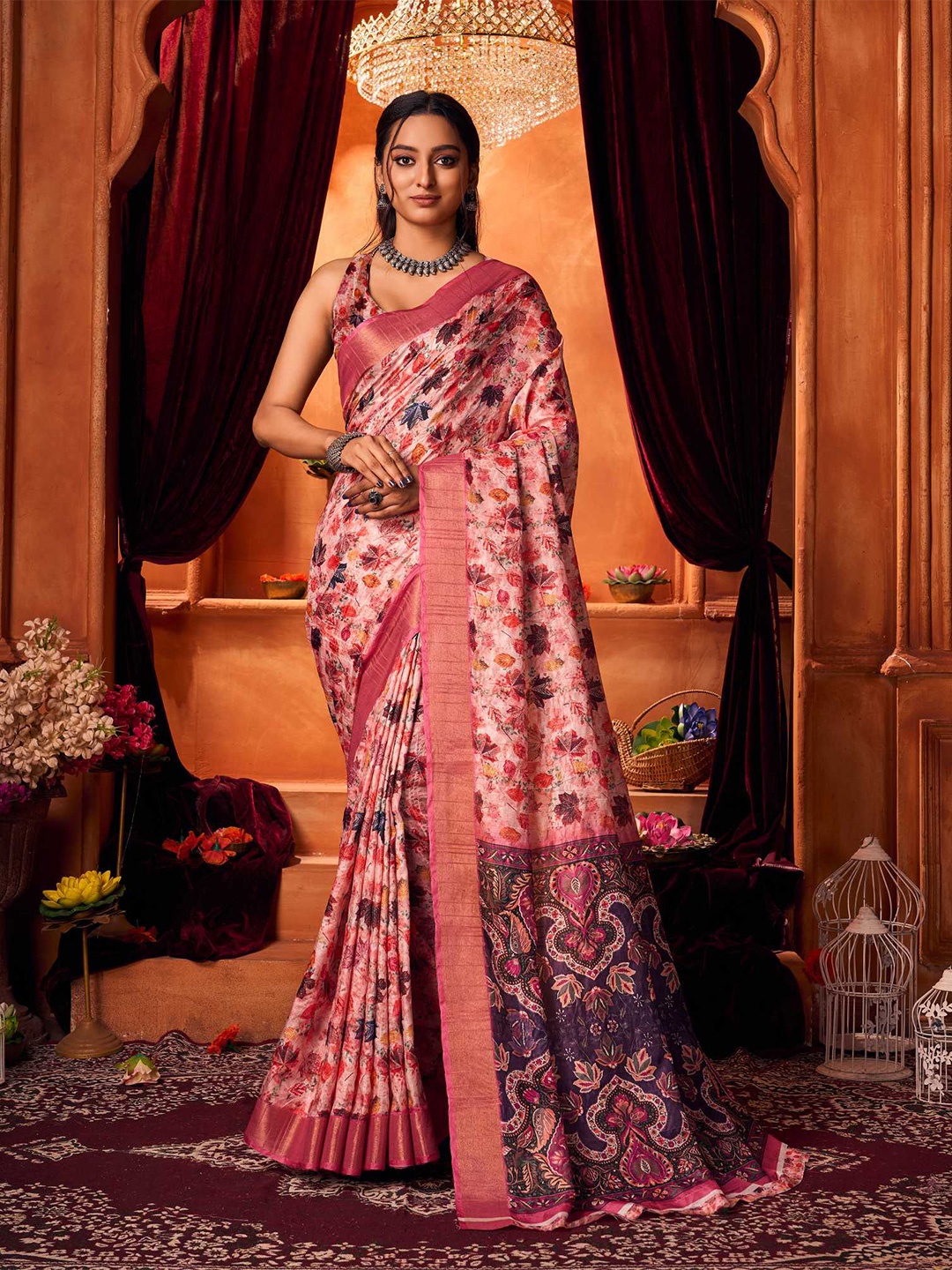 

KALINI Floral Woven Design Zari Satin Mysore Silk Saree, Peach