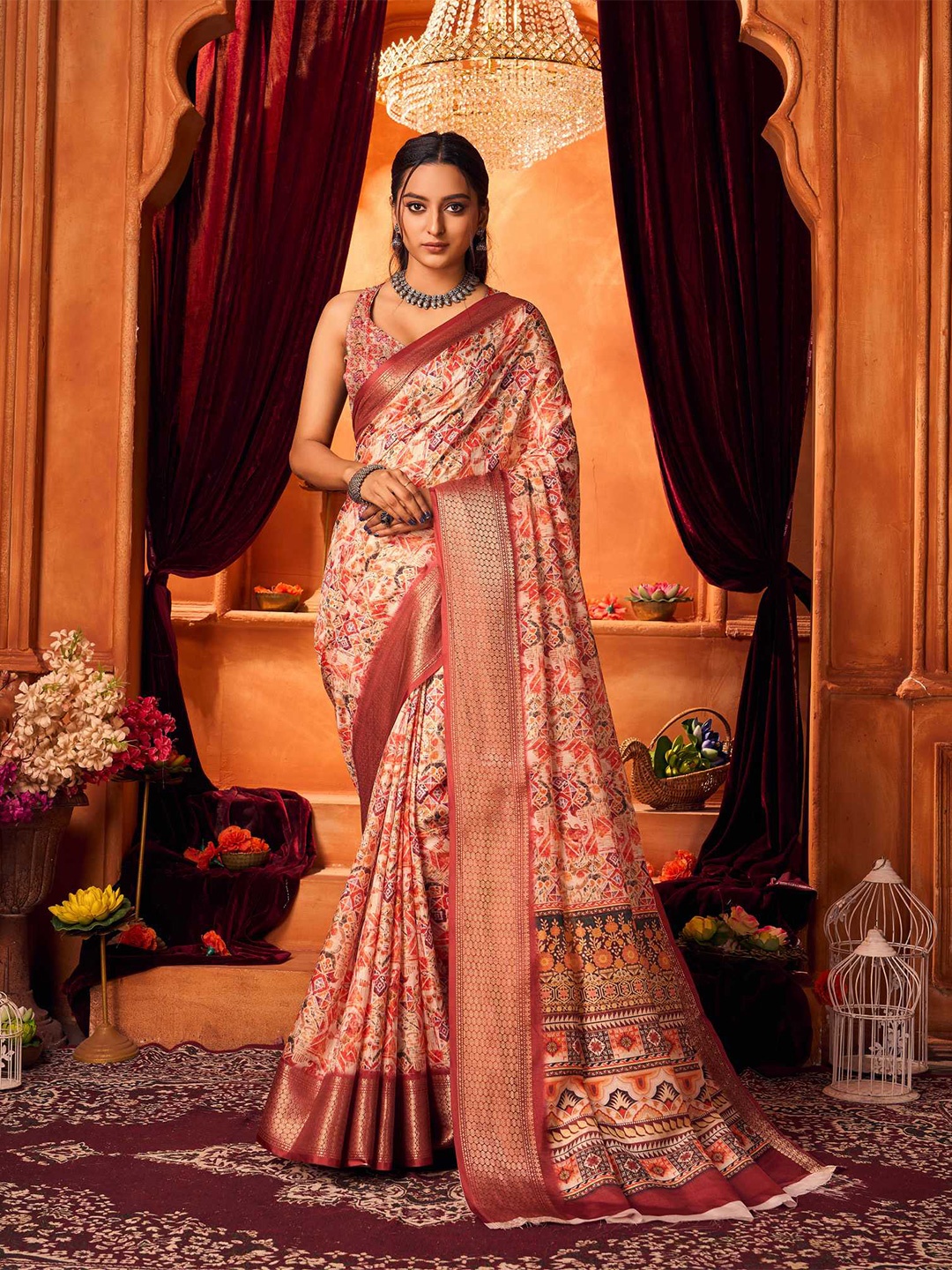 

KALINI Floral Printed Zari Silk Cotton Mysore Silk Saree, Orange